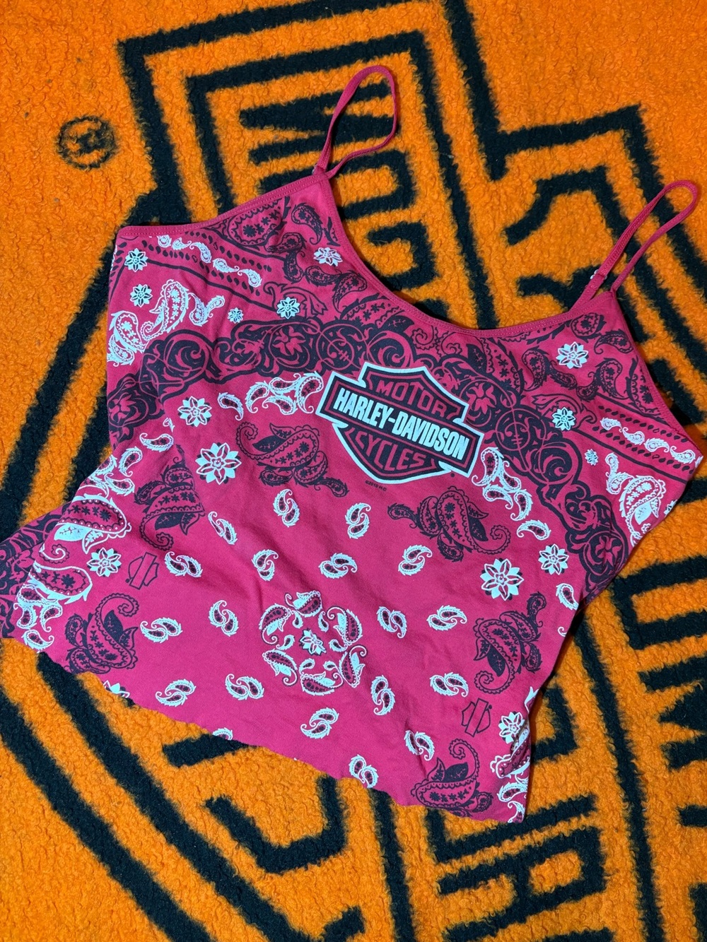 Vintage Harley-Davidson tank top with an all-over paisley bandana print